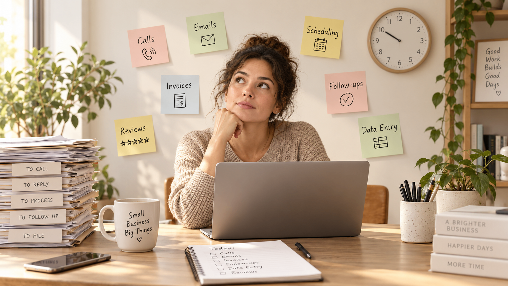 Small business owner surrounded by reminders for calls, emails, invoices, scheduling, reviews, follow ups, and data entry