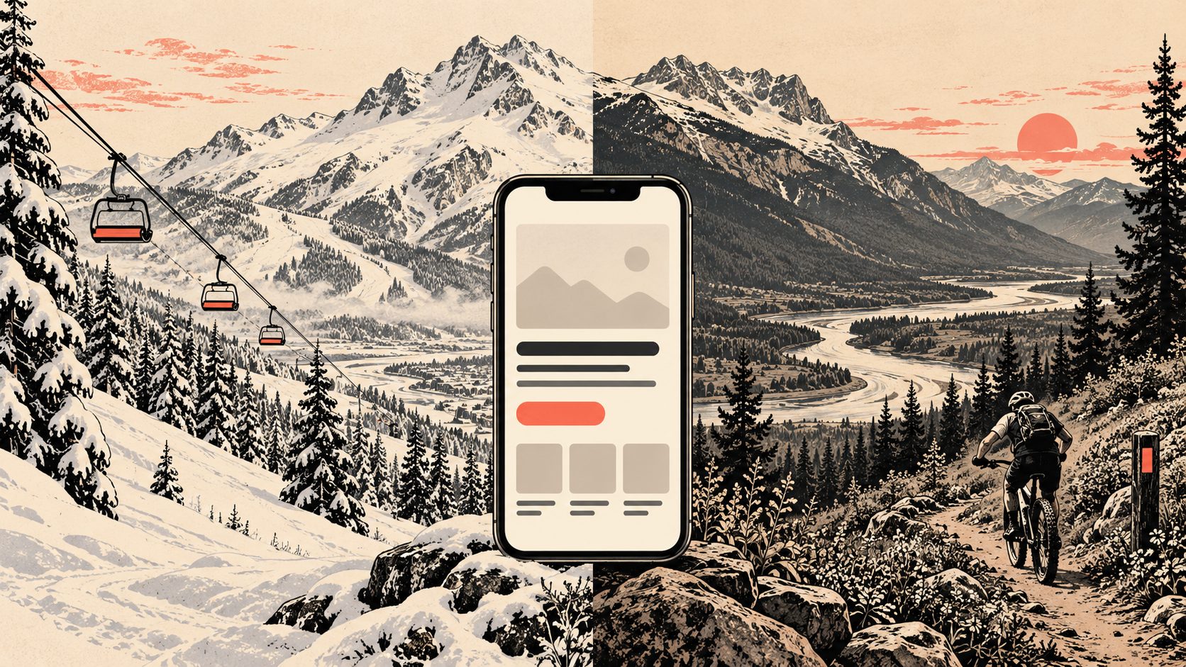 Revelstoke mountain town shown in both winter and summer with a phone displaying a business website