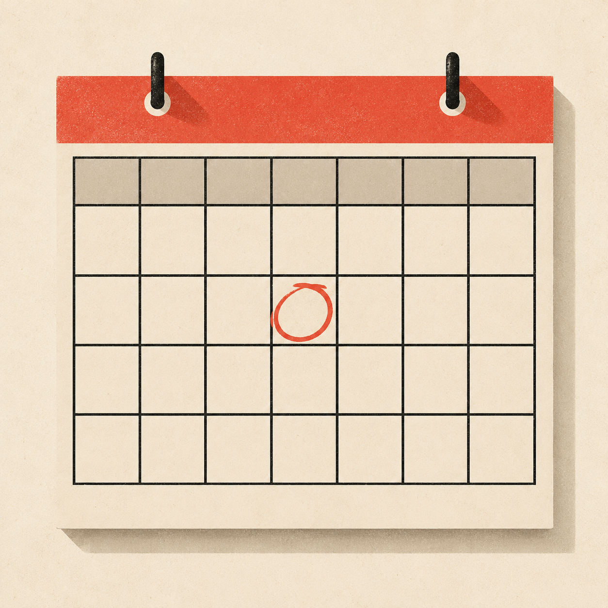 A simple monthly calendar with one publishing date circled in coral red.