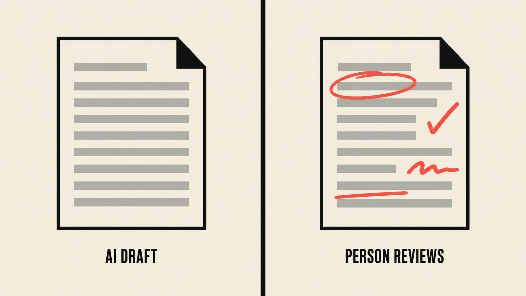 An AI draft on one side and a person reviewing and correcting it on the other